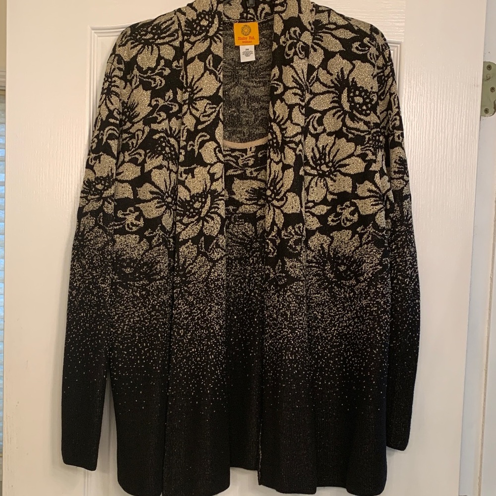 Ruby Rd. Black and Cream Floral Knit Open Cardigan